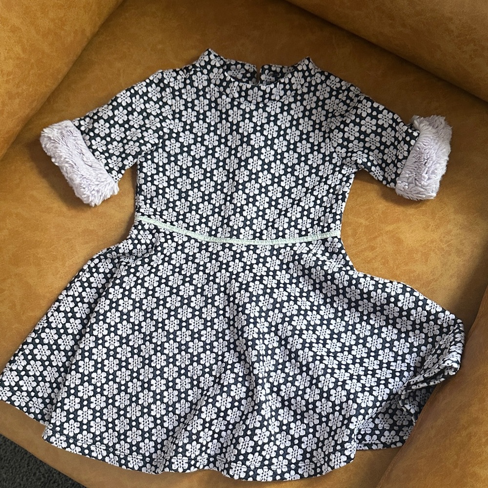 Janie and Jack Black and White Floral Dress with Faux-Fur Cuffs